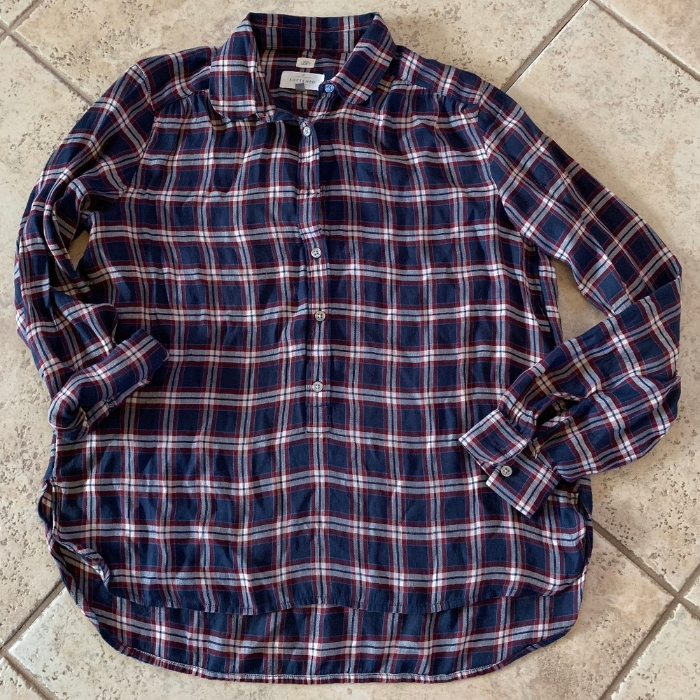 Loft Softened Plaid Half Button Up Top S